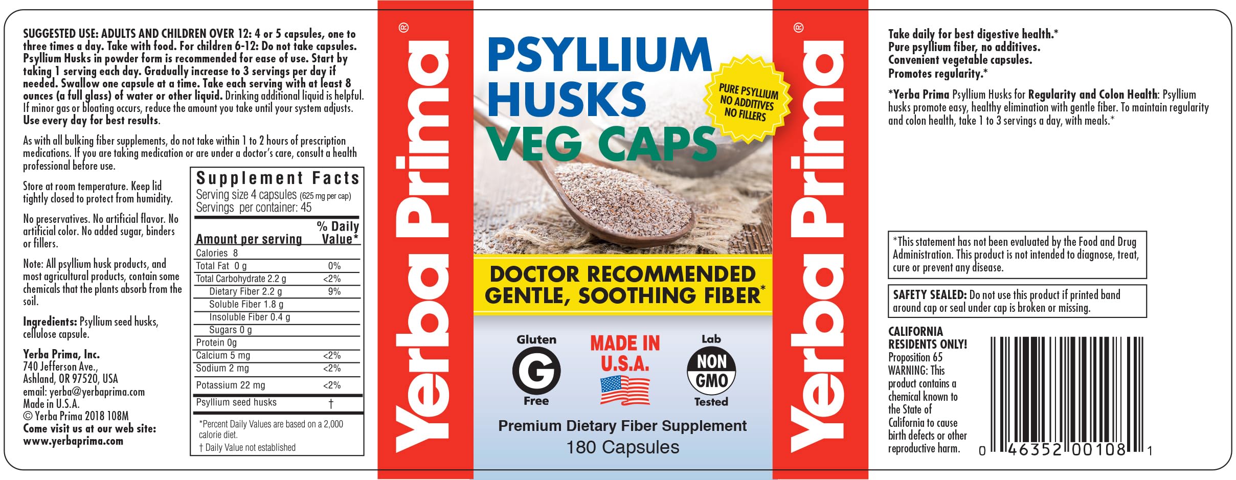 Yerba Prima Psyllium Husk Veg Caps – 180 Count (2 Pack), 625mg – Vegan, Non-GMO, Gluten Free