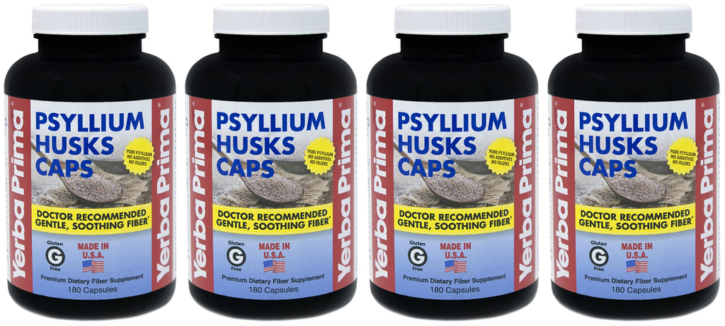 Yerba Prima Psyllium Husks Caps – Pack of 4 (4×180 caps) | Non-GMO Gluten Free Fiber Supplement