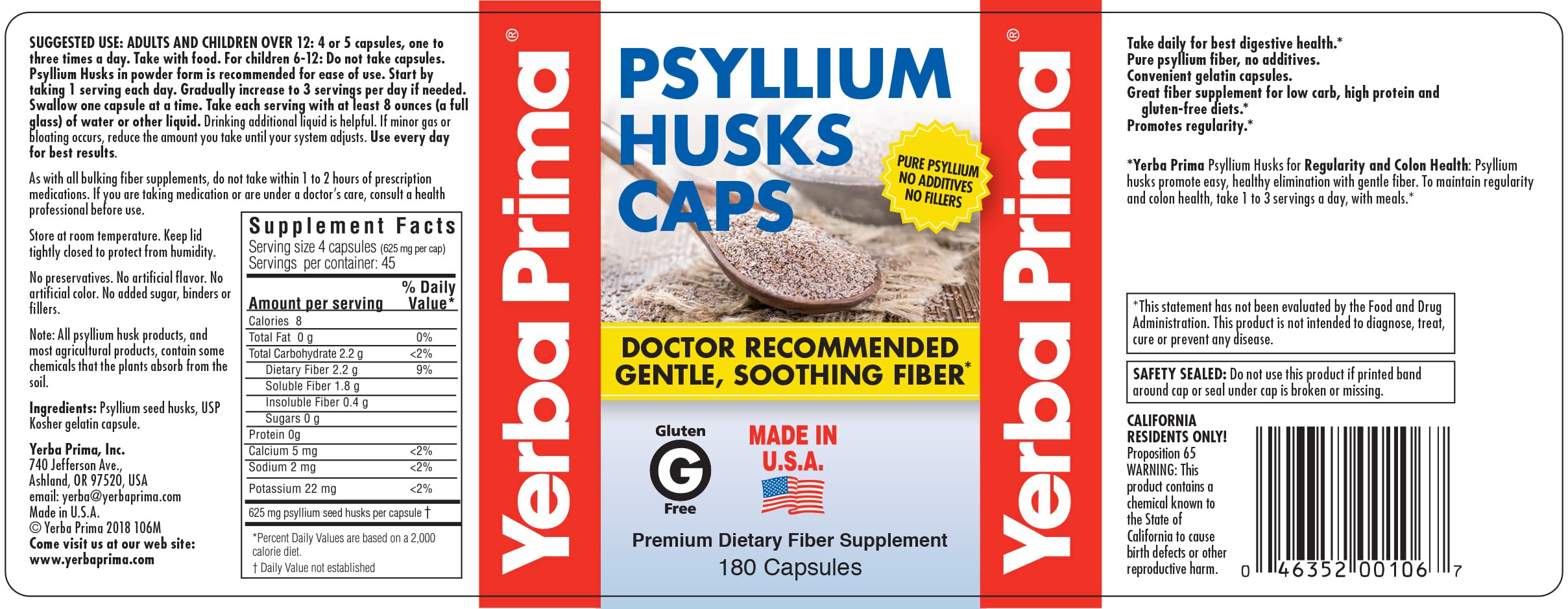 Yerba Prima Psyllium Husks Caps – Pack of 4 (4×180 caps) | Non-GMO Gluten Free Fiber Supplement