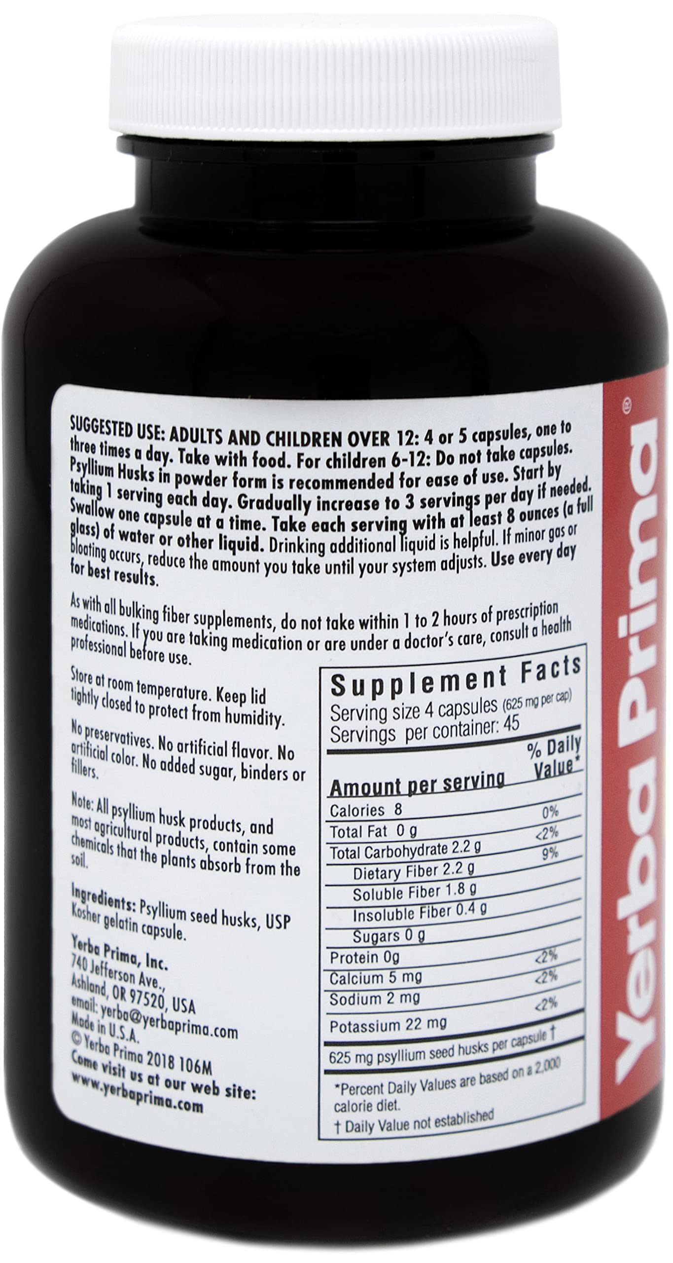 Yerba Prima Psyllium Husks Caps – Pack of 4 (4×180 caps) | Non-GMO Gluten Free Fiber Supplement