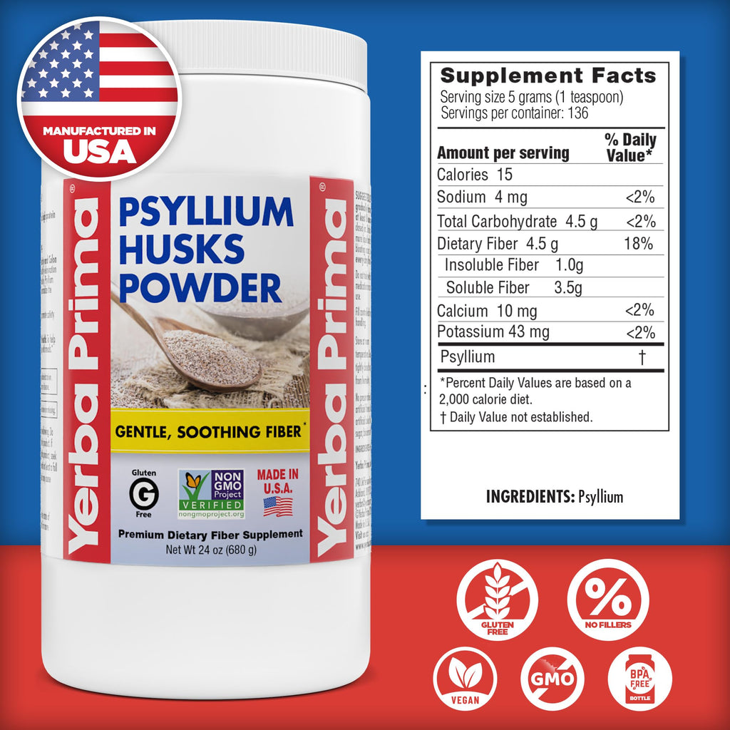 Yerba Prima Psyllium Husks Powder - 24 oz (Pack of 2) Unflavored, Fine Ground, Natural Fiber Supplement
