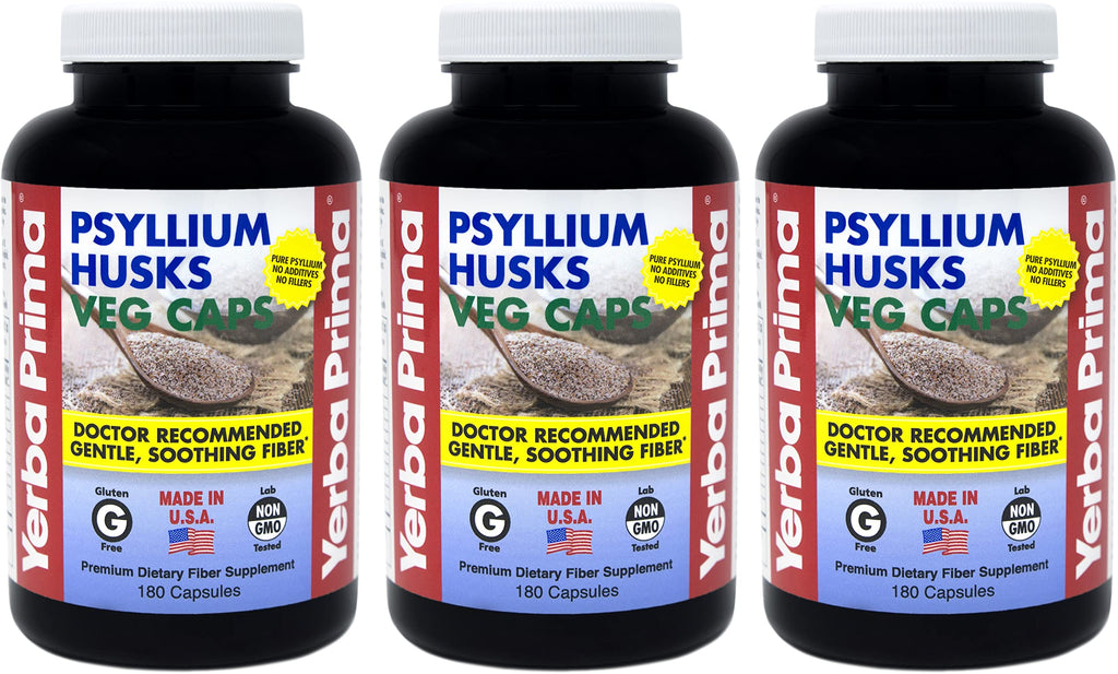 Yerba Prima Psyllium Husks Veg Caps - 180 Count Pack of 3 | Vegan, Non-GMO, Gluten Free Fiber Supplement