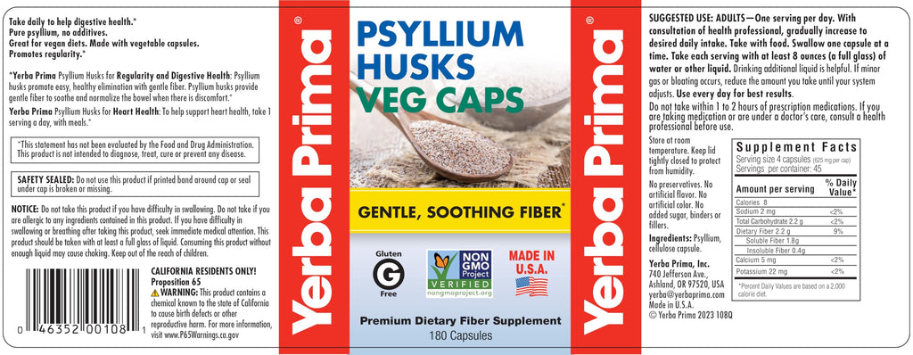 Yerba Prima Psyllium Husks Veg Caps - 180 Count Pack of 3 | Vegan, Non-GMO, Gluten Free Fiber Supplement