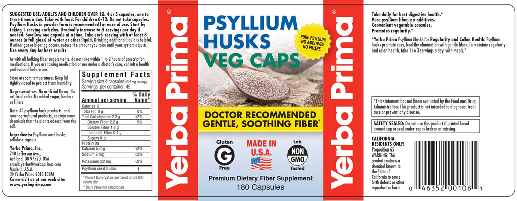 Yerba Prima Psyllium Husks Veg Caps – 4x180 Count | Vegan, Gluten Free, Non-GMO Fiber