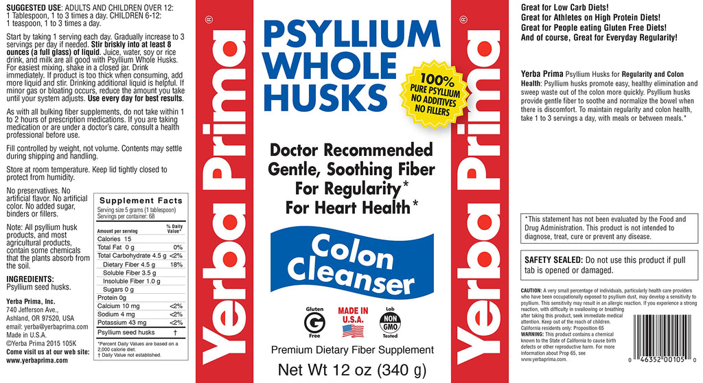 Yerba Prima Psyllium Whole Husks Pack of 2 – All Natural Fiber, Gluten Free, Non-GMO, Made in USA