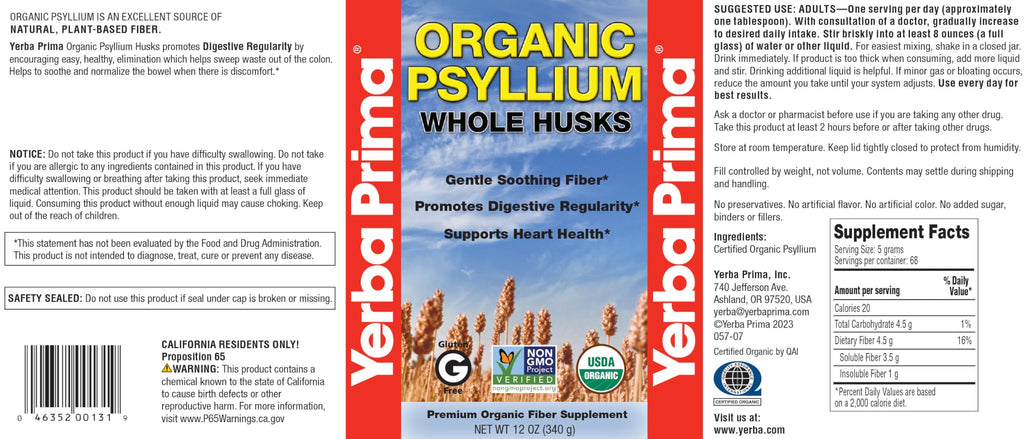 Yerba Prima Organic Psyllium Whole Husks 12 oz | Non-GMO | Certified Organic
