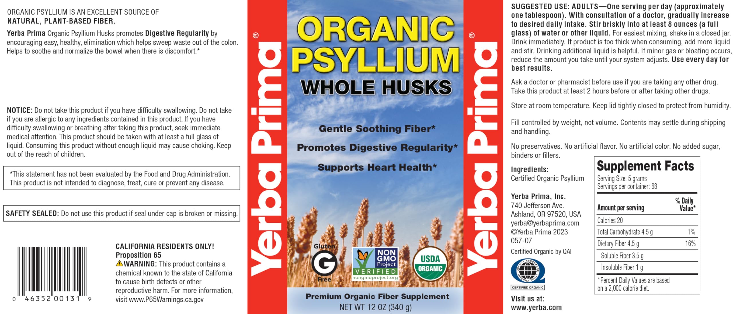 Yerba Prima Organic Psyllium Whole Husks 12 oz | Non-GMO | Certified Organic