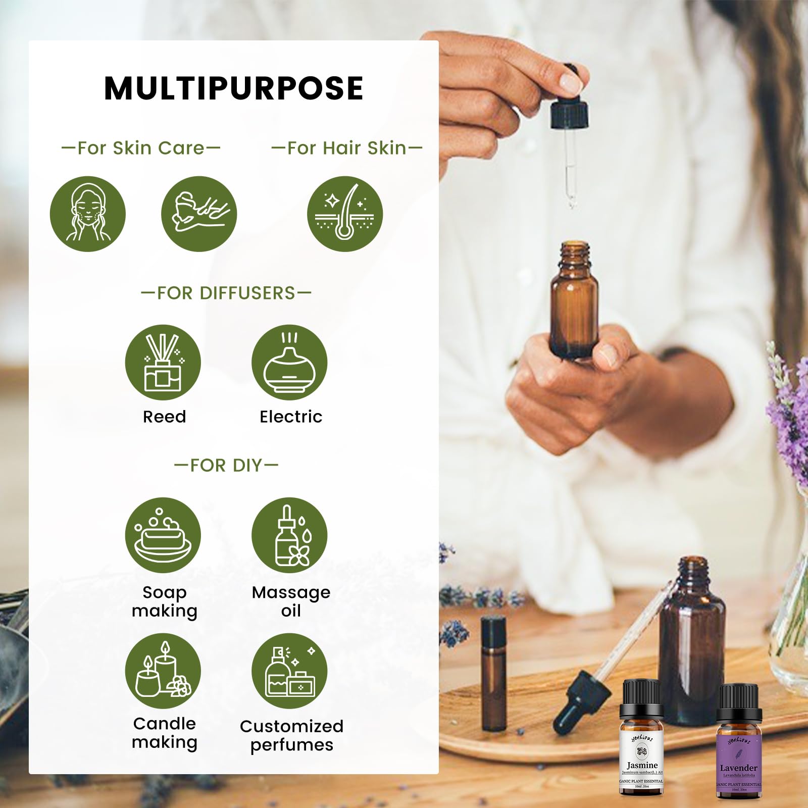 Yethious Jasmine & Lavender Essential Oil Set – Organic, Pure for Diffusers & Aromatherapy
