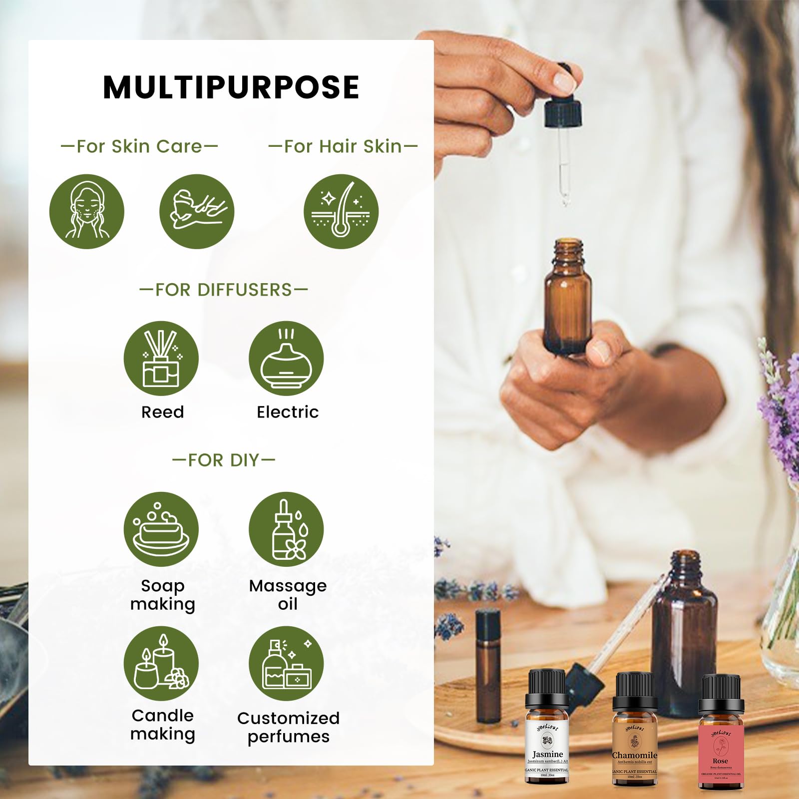 Yethious Rose Jasmine Chamomile Essential Oil Set – 100% Pure Organic, 3 x 10ml for Diffuser, Soap & Candle Making