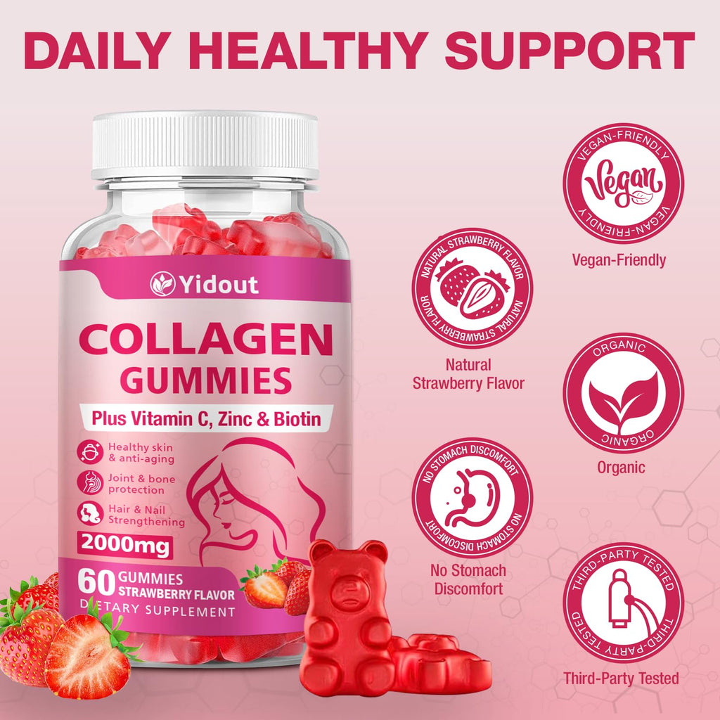 Yidout Collagen Gummies with Vitamin C & Biotin – Hair, Skin & Nails Support (Strawberry, 60 Gummies x 2)