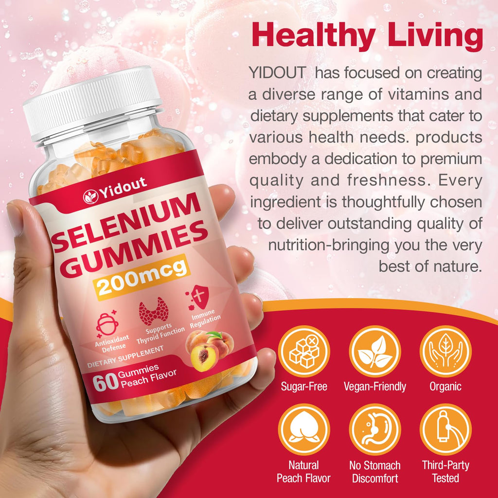 Yidout Selenium Gummies 200mcg | Thyroid Support & Energy Booster for Men & Women | Peach Flavor, 60 Count