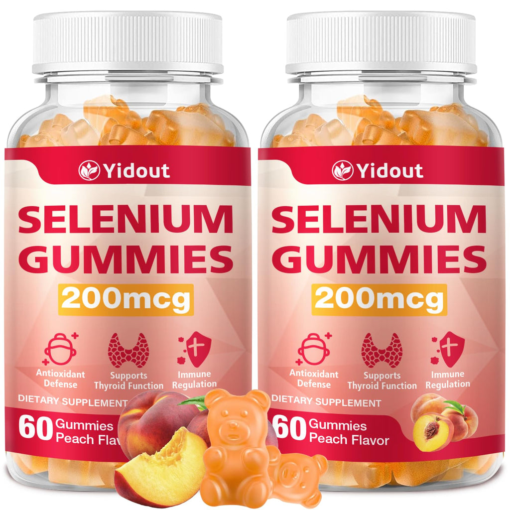 Yidout Selenium Thyroid Support Gummies 200mcg – Peach Flavor, Energy Booster for Women & Men | 60 Count (Pack of 2)