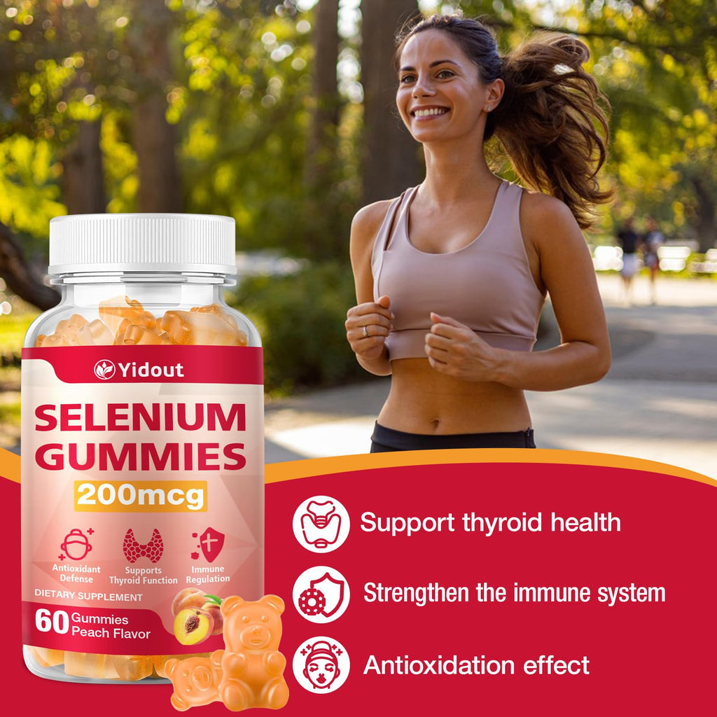 Yidout Selenium Thyroid Support Gummies 200mcg – Peach Flavor, Energy Booster for Women & Men | 60 Count (Pack of 2)