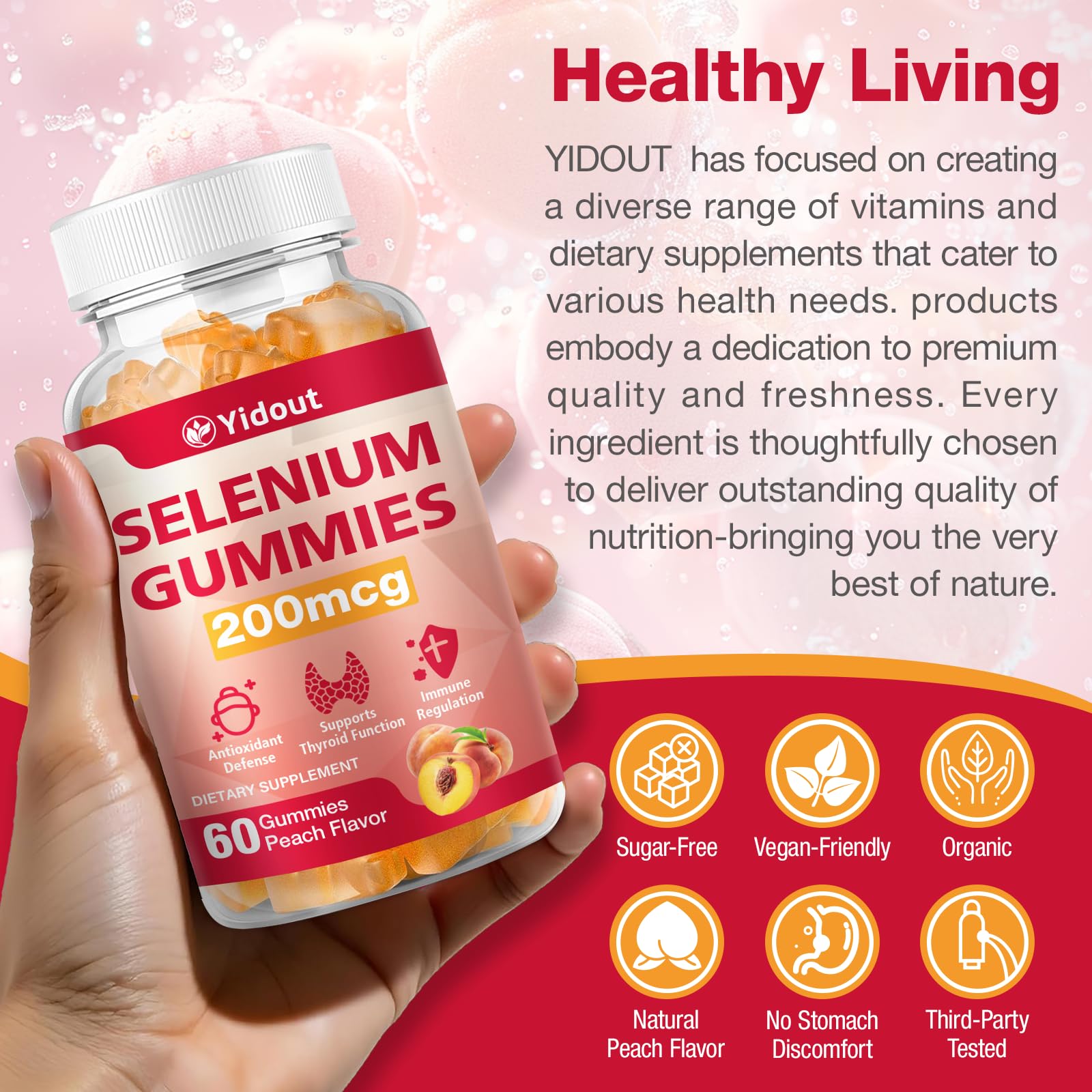 Yidout Selenium Thyroid Support Gummies 200mcg – Peach Flavor, Energy Booster for Women & Men | 60 Count (Pack of 2)