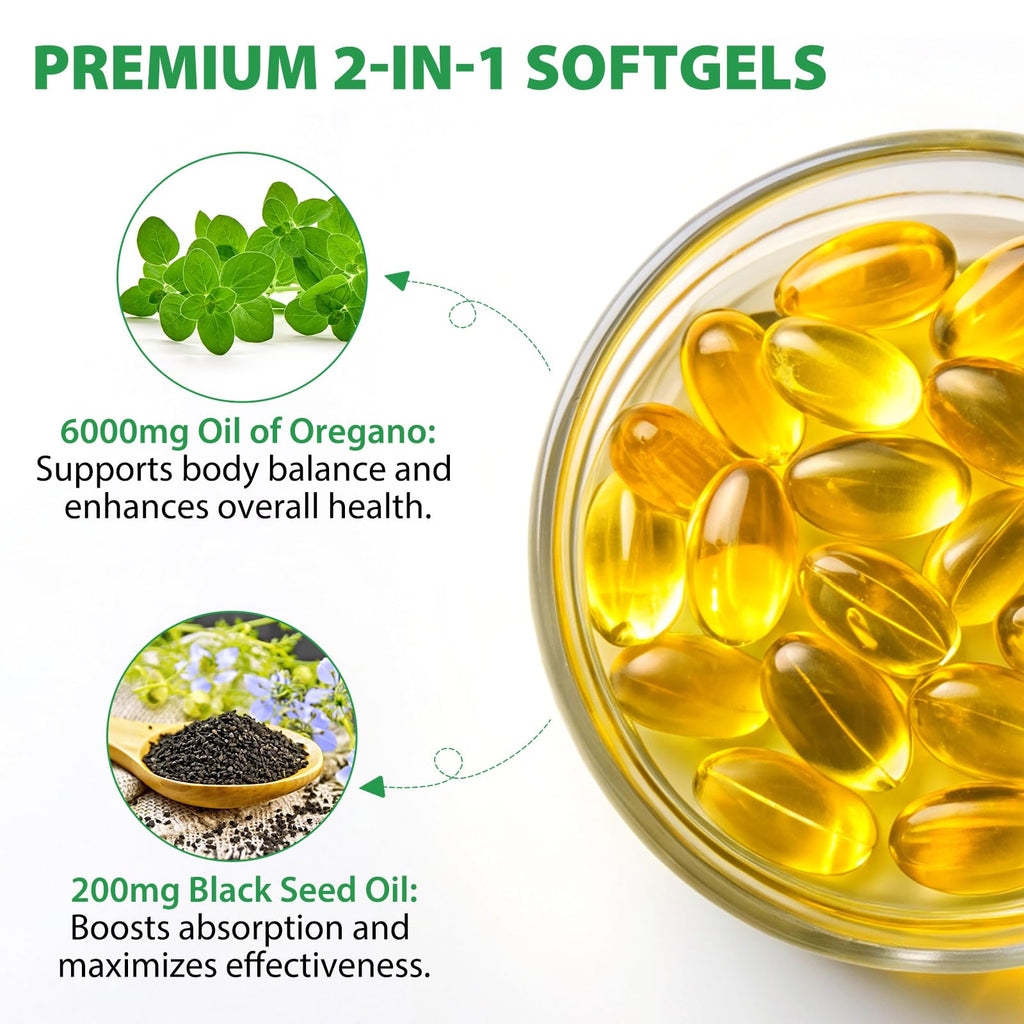 YIEEGCM Wild Oregano Oil Softgels with Black Seed Oil – 6,000mg/Serving, 120 Caps | Plant-Based, Non-GMO, High Carvacrol