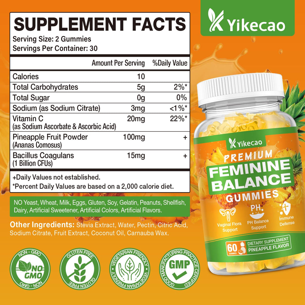 Yikecao Premium Feminine Balance Gummies for Women – Pineapple, 60 Count, Vegan & Gluten-Free