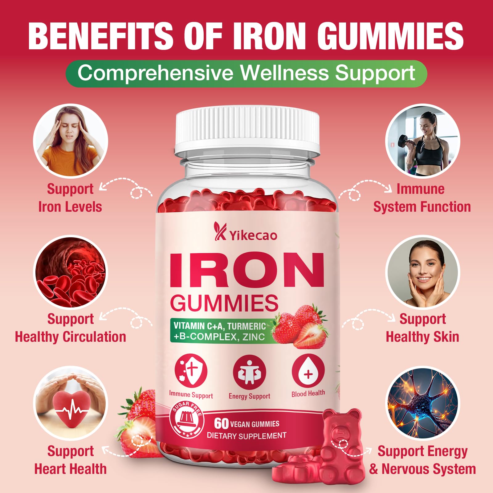Yikecao 2 Pack Vegan Iron Gummies | Iron Supplement for Women & Men