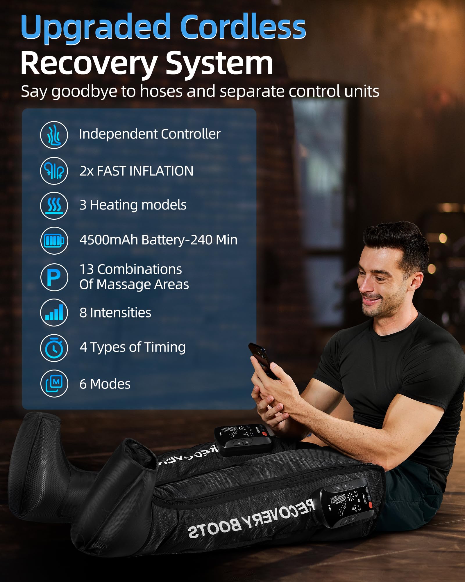 YINGGG Leg Massager with Heat & Full-Leg Compression — Cordless Recovery, 5 Massage Areas, 8 Intensities (Two Legs)