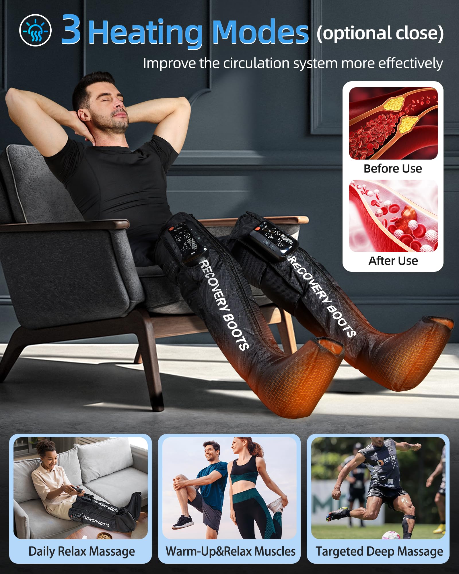 YINGGG Leg Massager with Heat & Full-Leg Compression — Cordless Recovery, 5 Massage Areas, 8 Intensities (Two Legs)