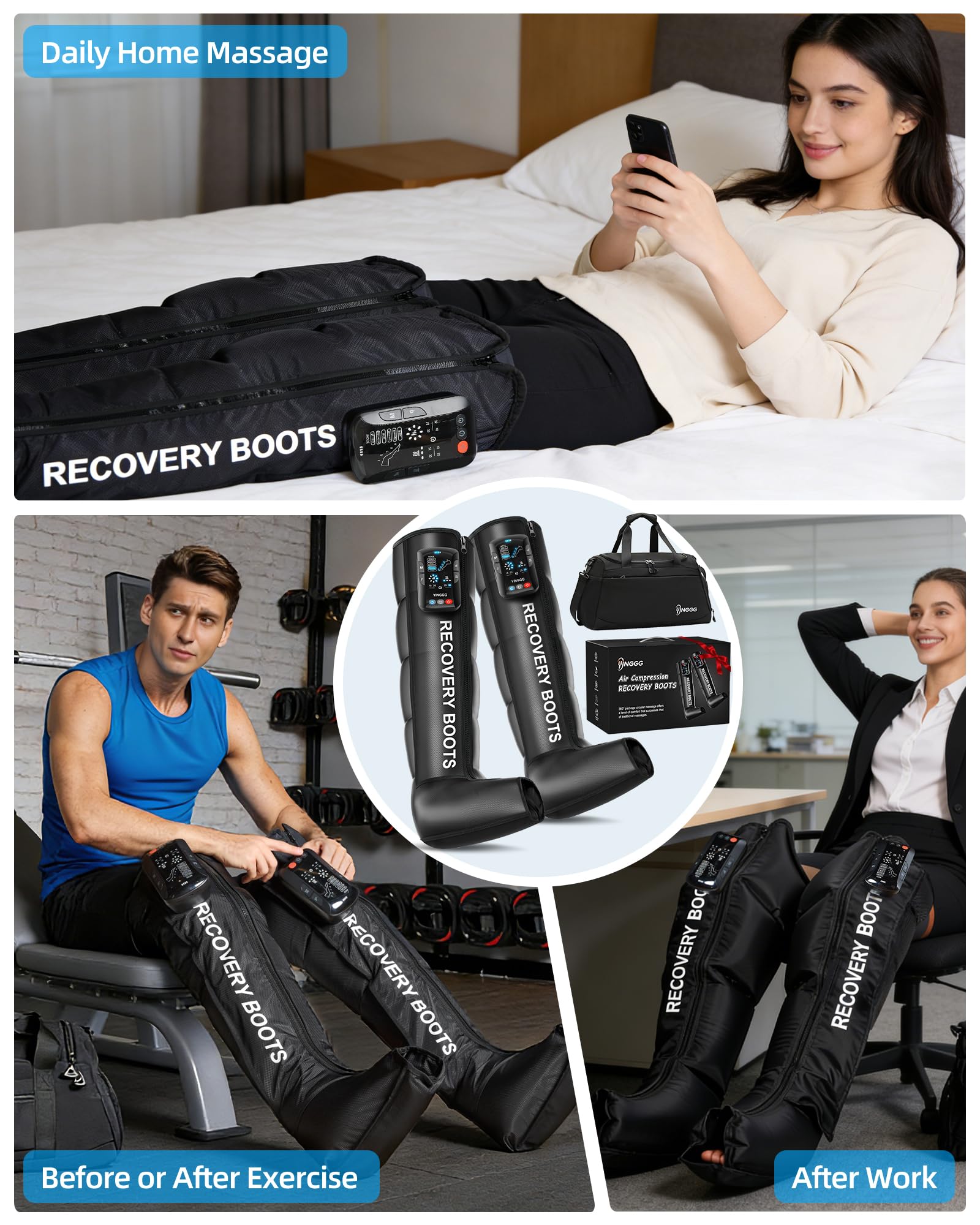 YINGGG Leg Massager with Heat & Full-Leg Compression — Cordless Recovery, 5 Massage Areas, 8 Intensities (Two Legs)