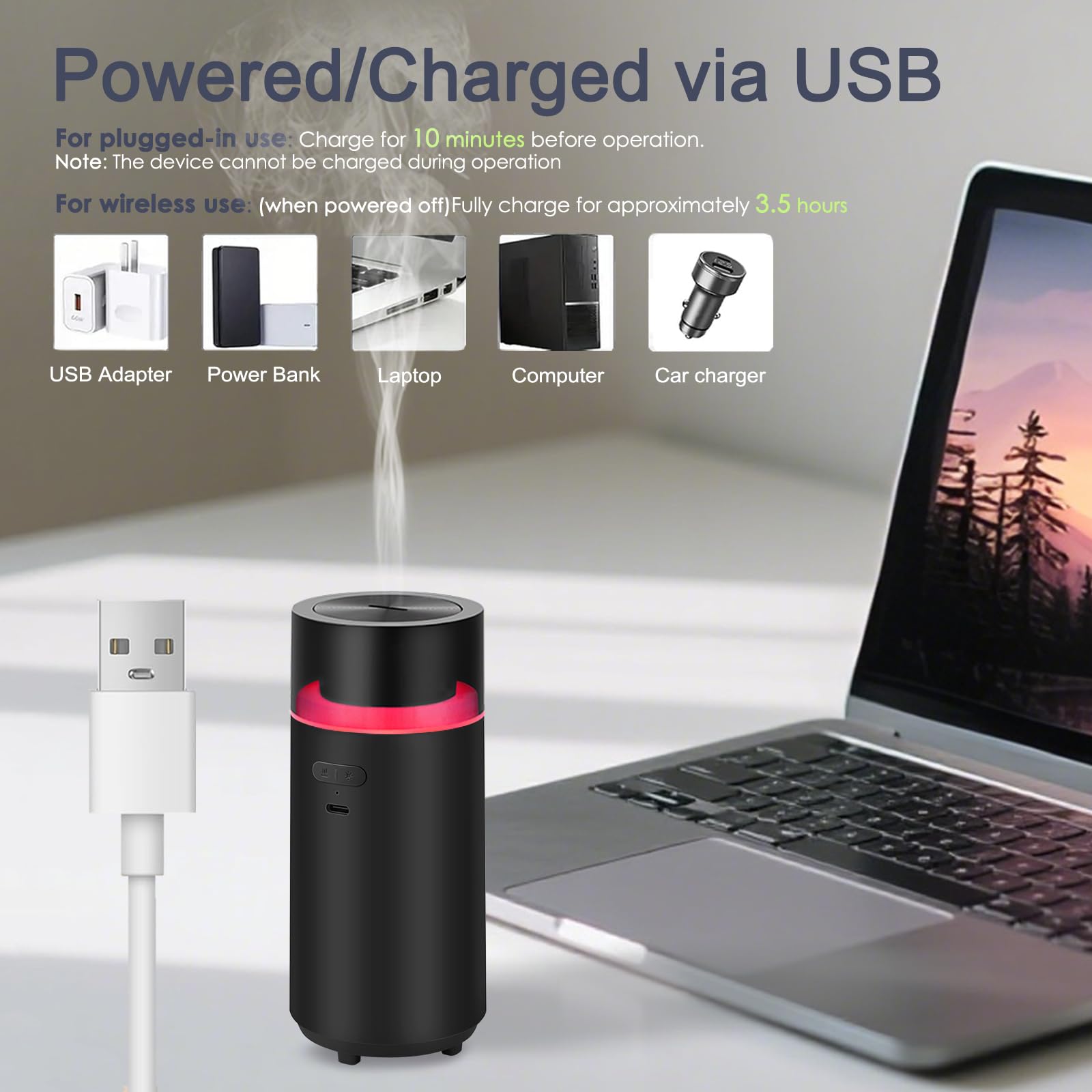 YIXIUTEN Essential Oil Car Diffuser - 3000mAh Battery, Auto On/Off, 4/8 Hour Timers, Black