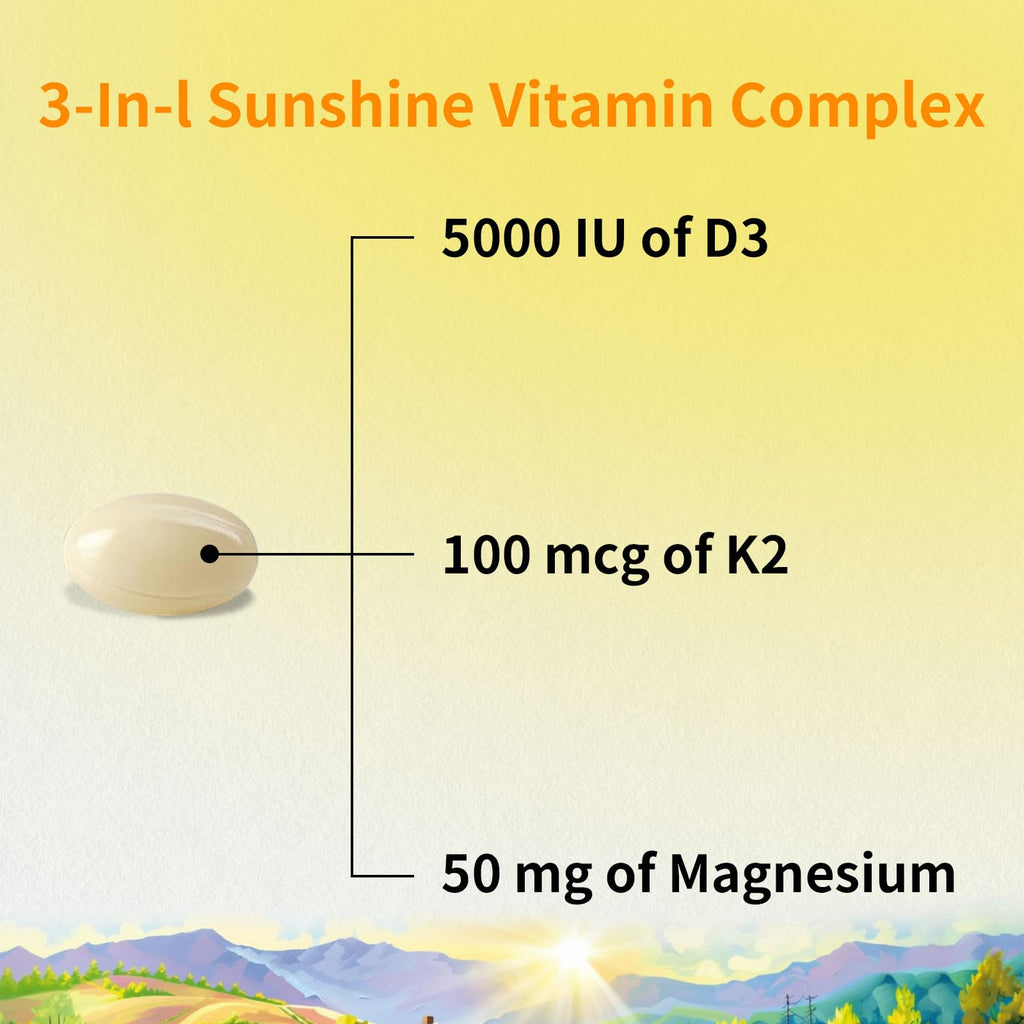 YMINGKJ Vitamin D3 K2 5000 IU 120 Softgels with Magnesium – Bone Health & Immune Support
