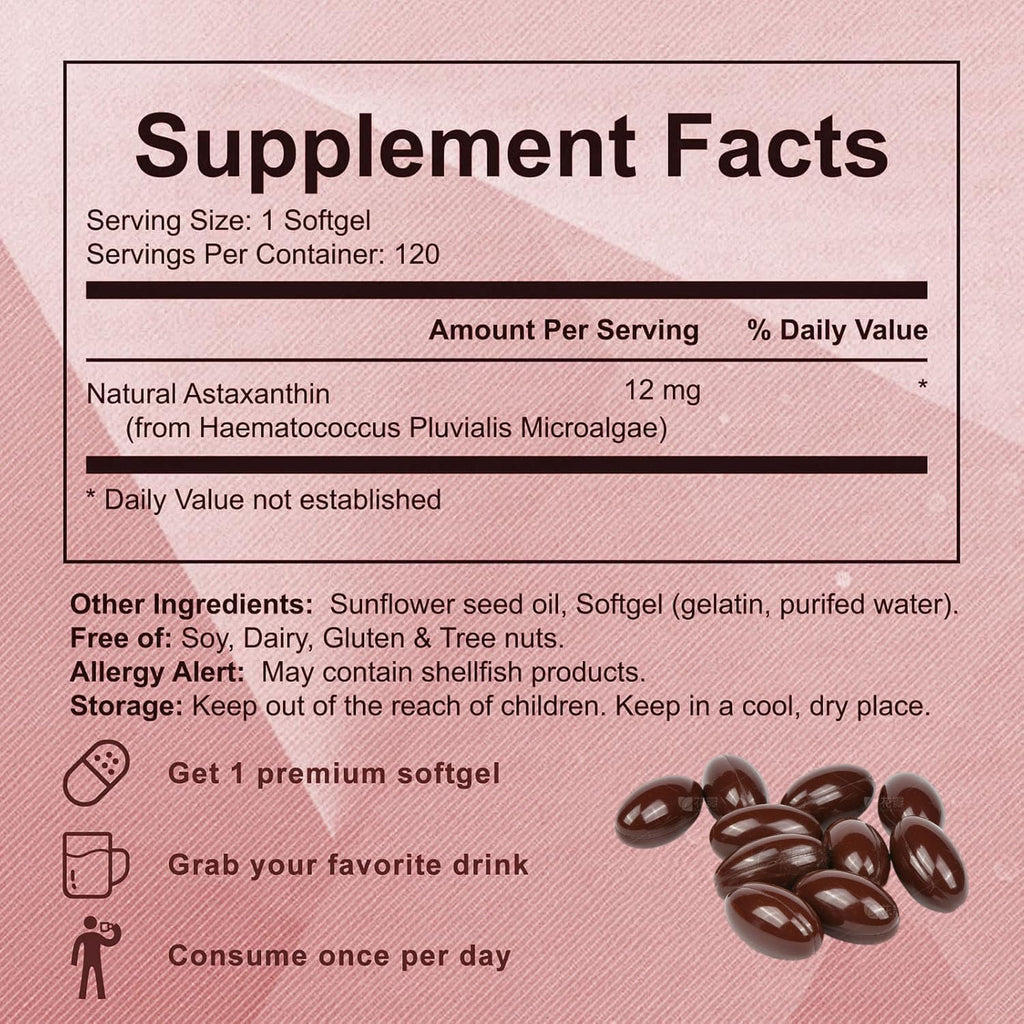 Yoqpoe Astaxanthin 12mg | Natural Antioxidant for Immune, Skin & Eye Health | 120 Softgels