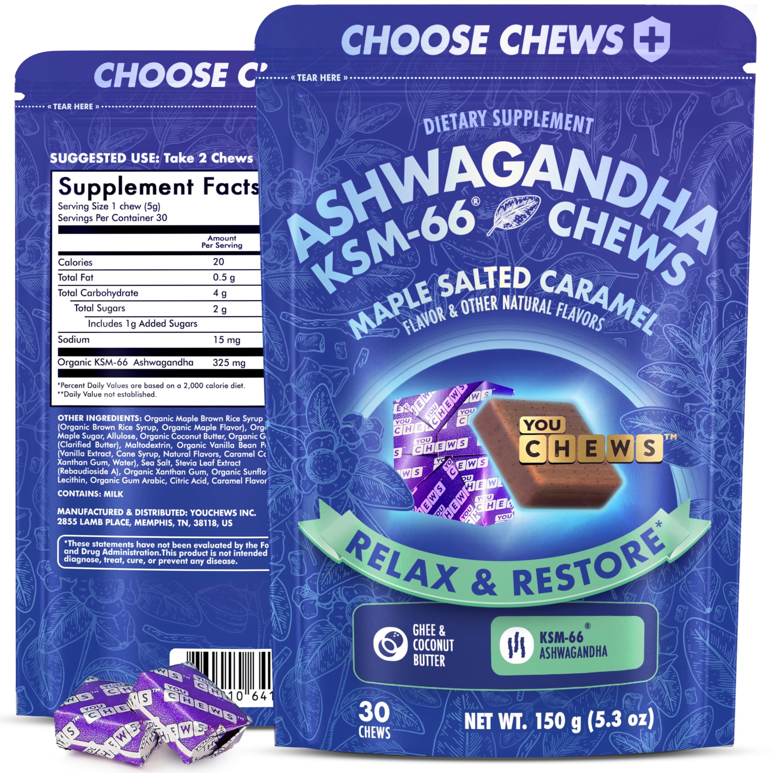 YouChews Ashwagandha KSM-66 Chews – Stress Relief & Mood Support, Organic Maple Salted Caramel, 30 Count