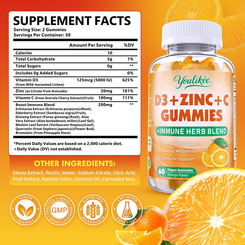 Vitamin C + D3 + Zinc Gummies for Adults - Immune Support with Elderberry & Echinacea | Orange Flavor, 60 Count
