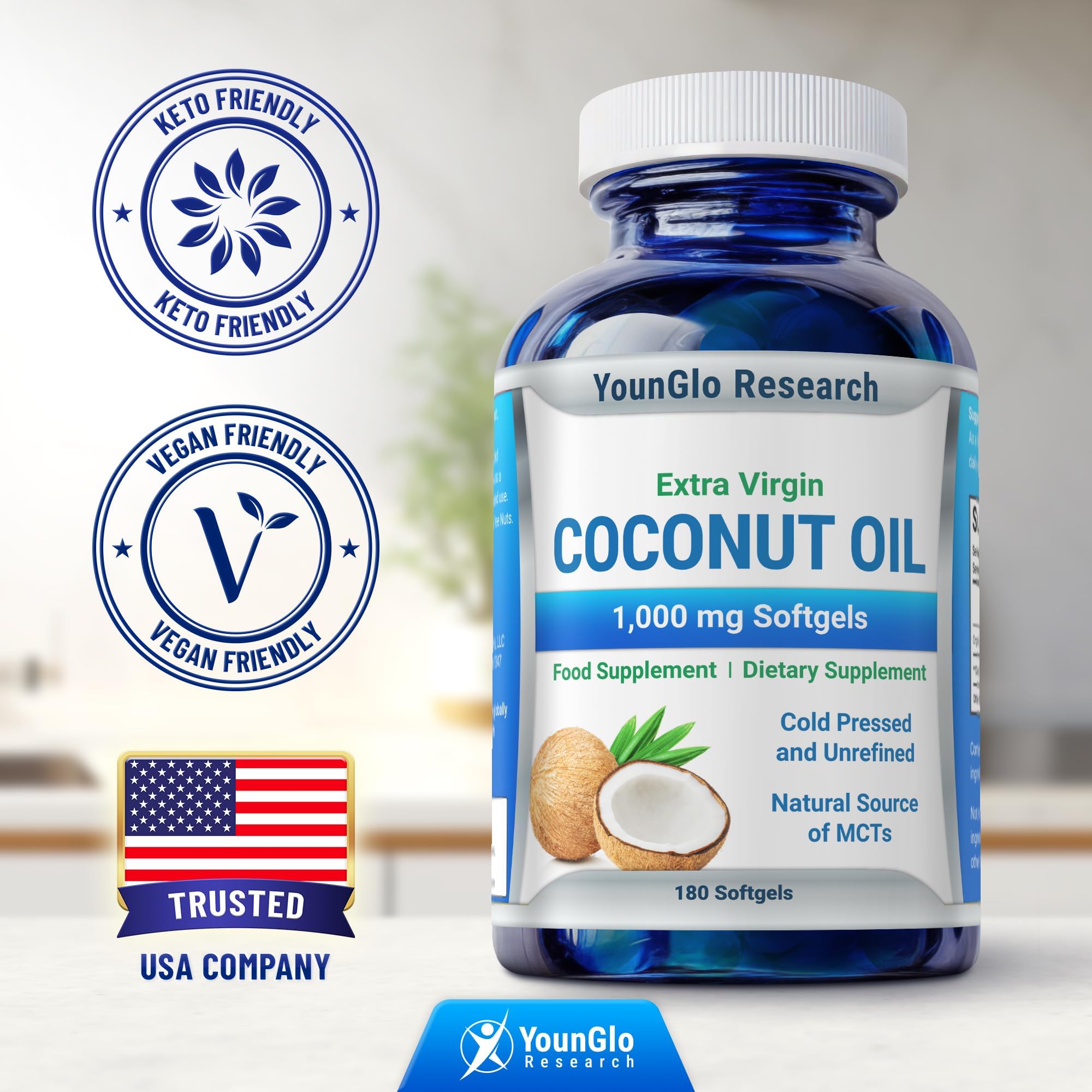 YounGlo Coconut Oil 1000 mg - Cold-Pressed Organic Extra Virgin, 180 Vegan Softgels (Pack of 2)