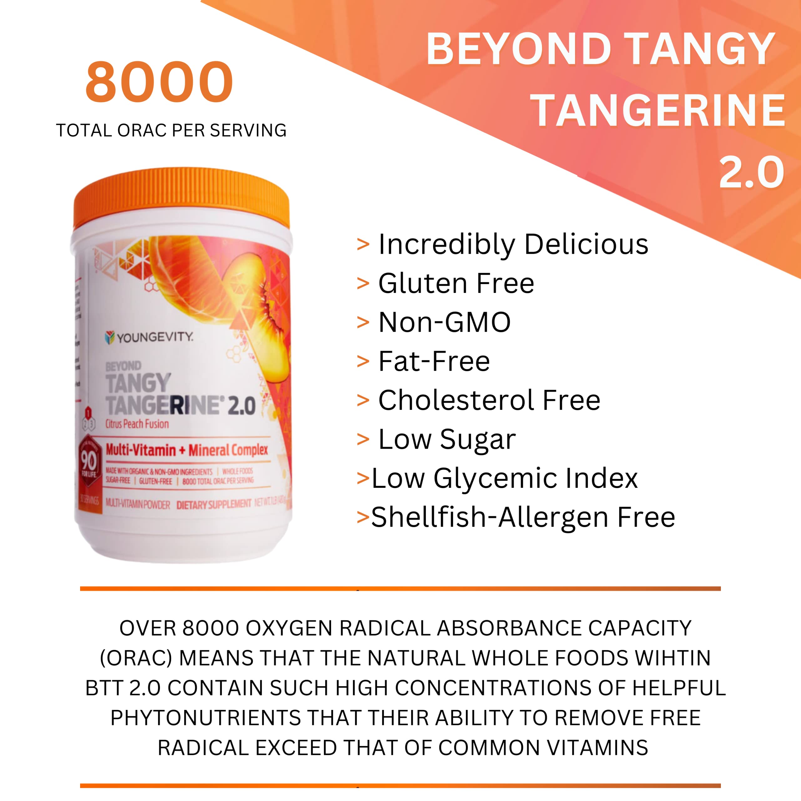 Youngevity Beyond Tangy Tangerine 2.0 Citrus Peach | Ultimate Multivitamin Powder (8,000 ORAC) – 2 Canisters