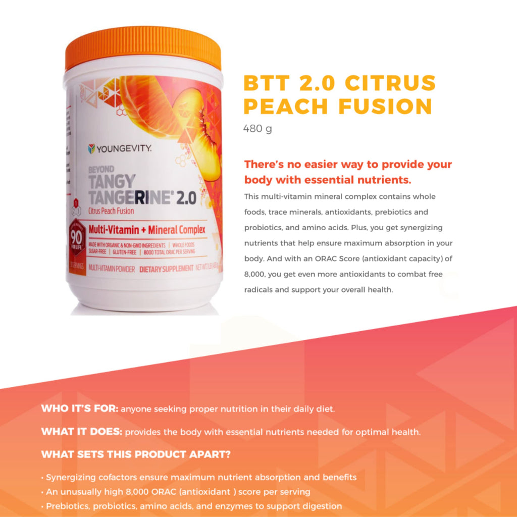 Youngevity Beyond Tangy Tangerine 2.0 Citrus Peach | Ultimate Multivitamin Powder (8,000 ORAC) – 2 Canisters