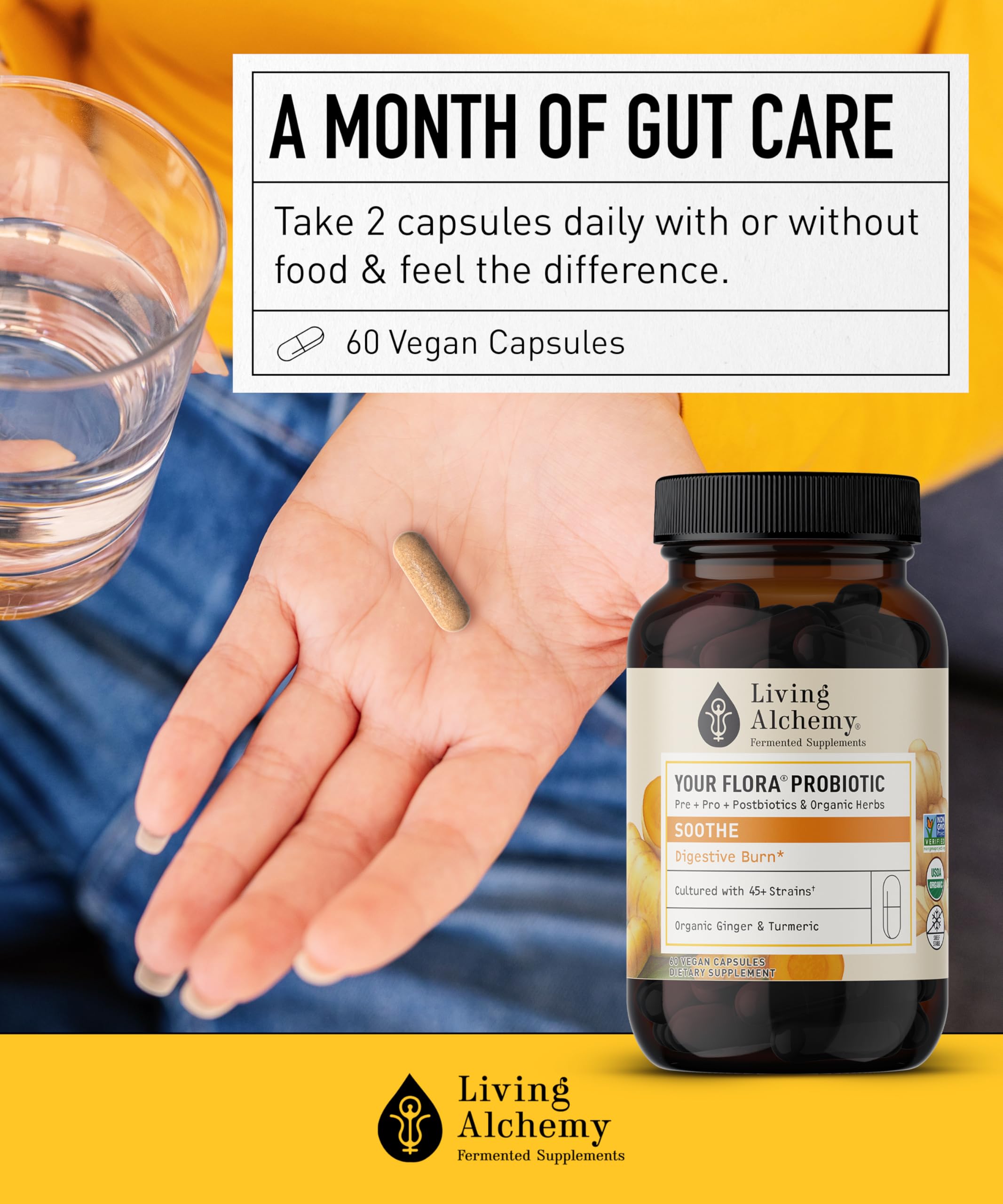 Your Flora Probiotic Soothe – Non-GMO Probiotics with Ginger & Turmeric | Living Alchemy, 60 Pcs