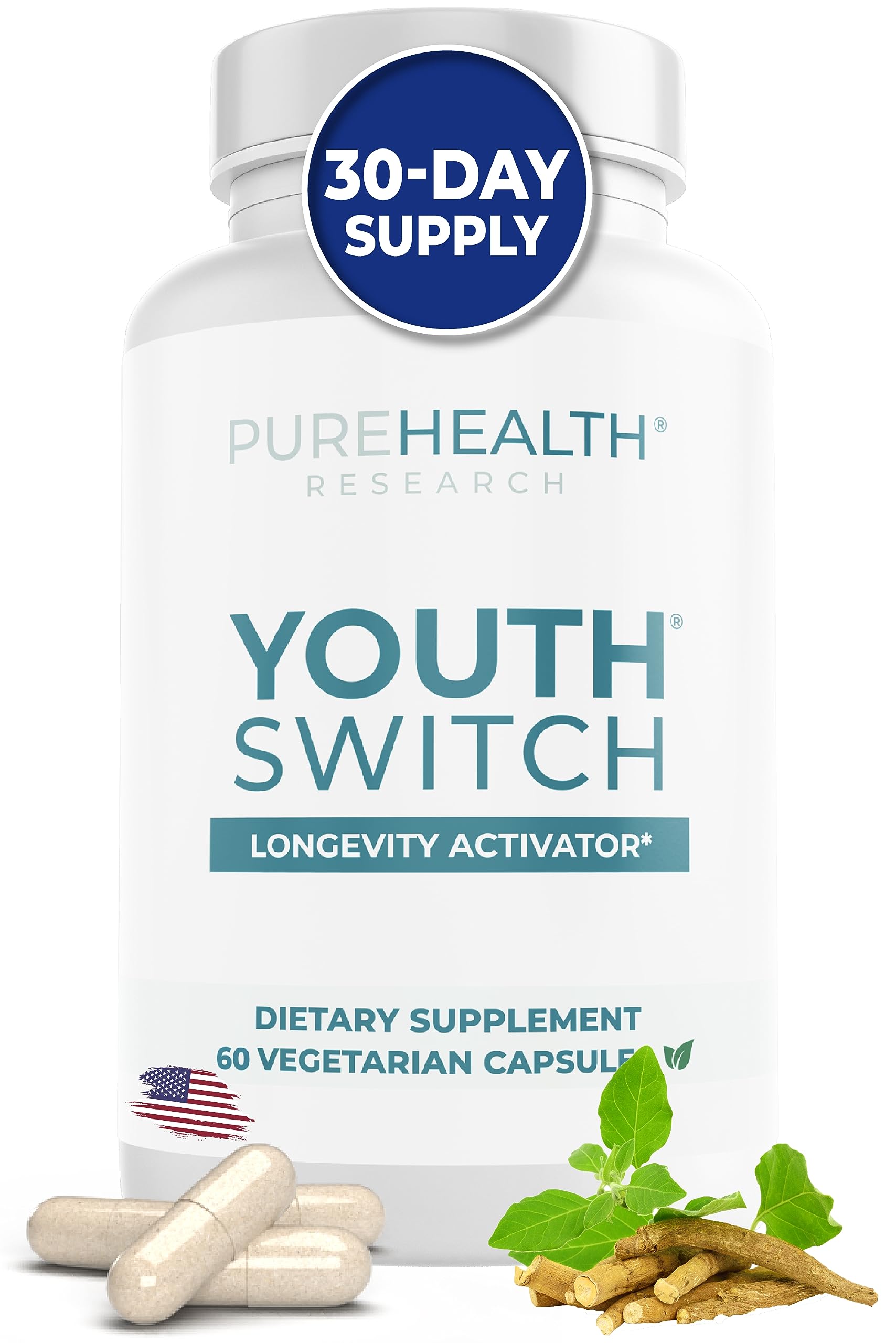 PUREHEALTH RESEARCH Youth Switch - Anti Aging Supplement with Ashwagandha Extract 600 mg KSM-66 - Longevity Activator - Telomere Supplements - Disrupt & Reverse Aging, 1 Bottle - 60 Capsules