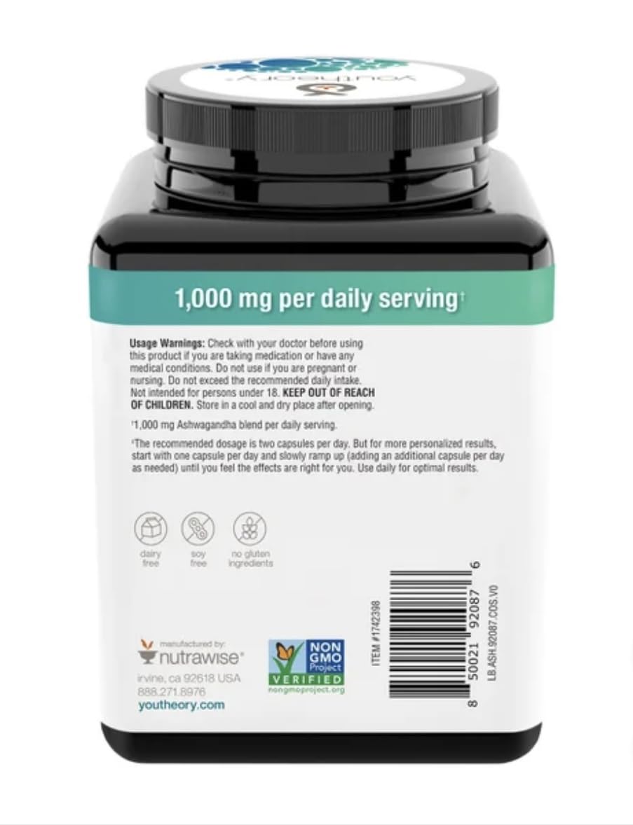 Youtheory Ashwagandha 1000mg with KSM-66 – 180 Caps | Stress Support