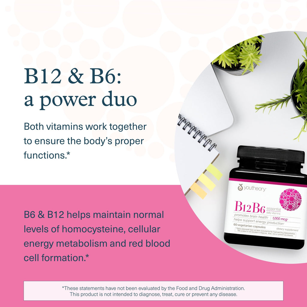 Youtheory B12B6 – Vegan B12 & B6 – Brain Health, Energy & Immunity – 60 Vegetarian Capsules