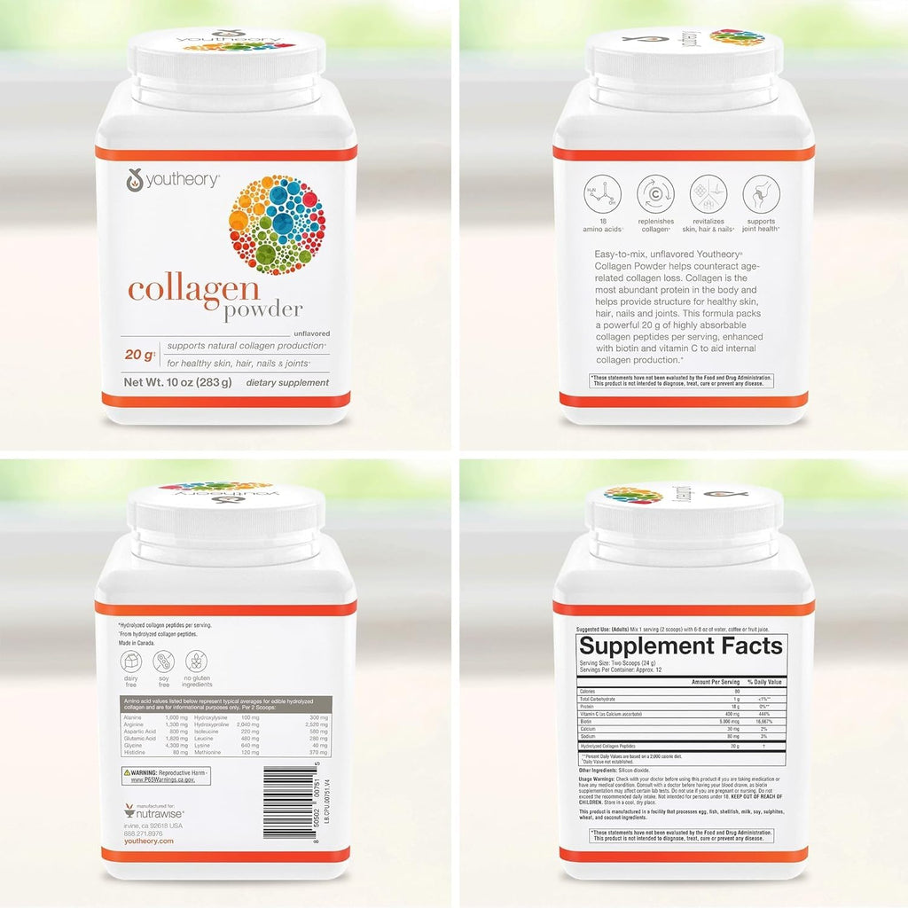 Youtheory Collagen Powder – Premium Hydrolyzed Collagen with Vitamin C & Biotin (Unflavored, 10 oz) – Dairy & Gluten Free