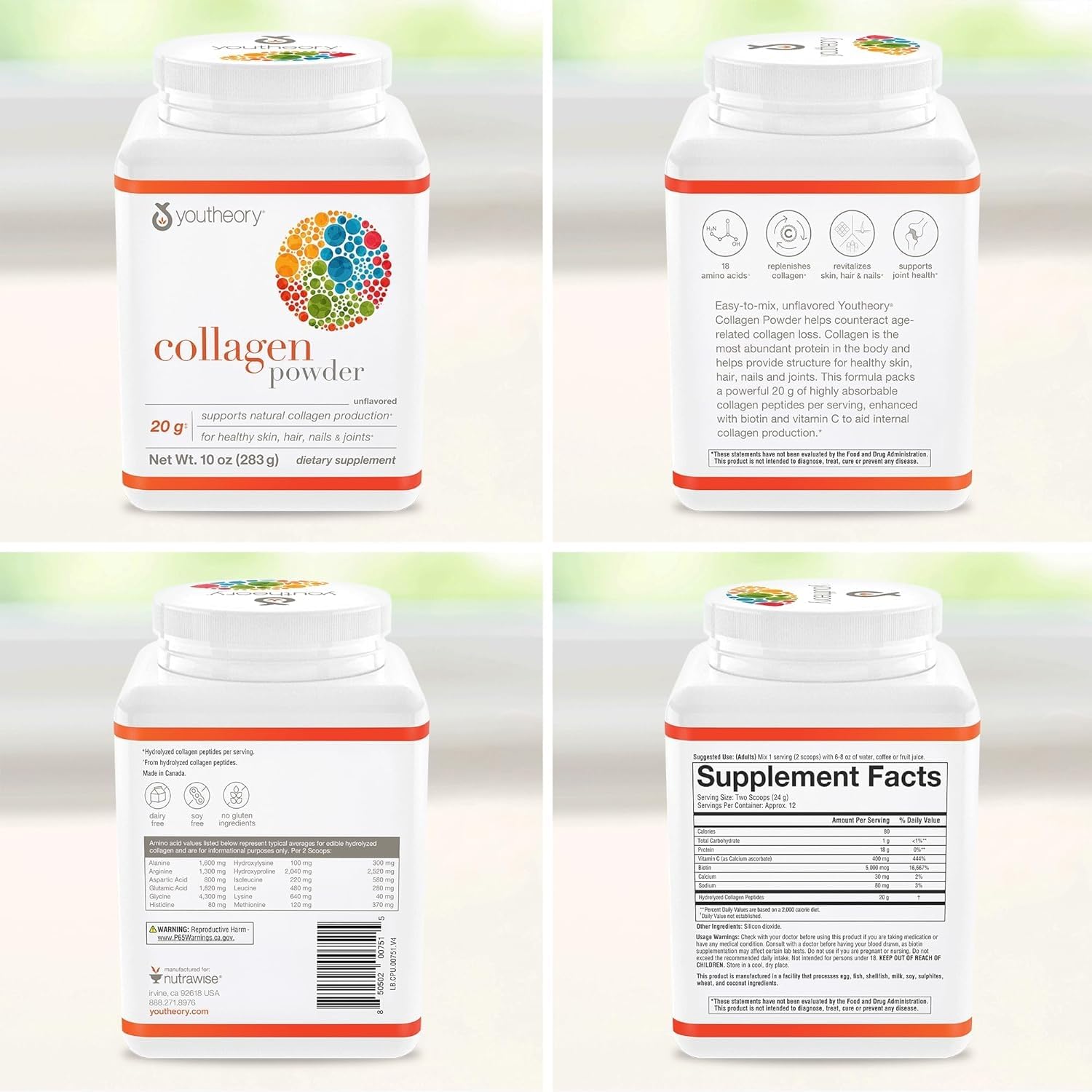 Youtheory Collagen Powder – Premium Hydrolyzed Collagen with Vitamin C & Biotin (Unflavored, 10 oz) – Dairy & Gluten Free