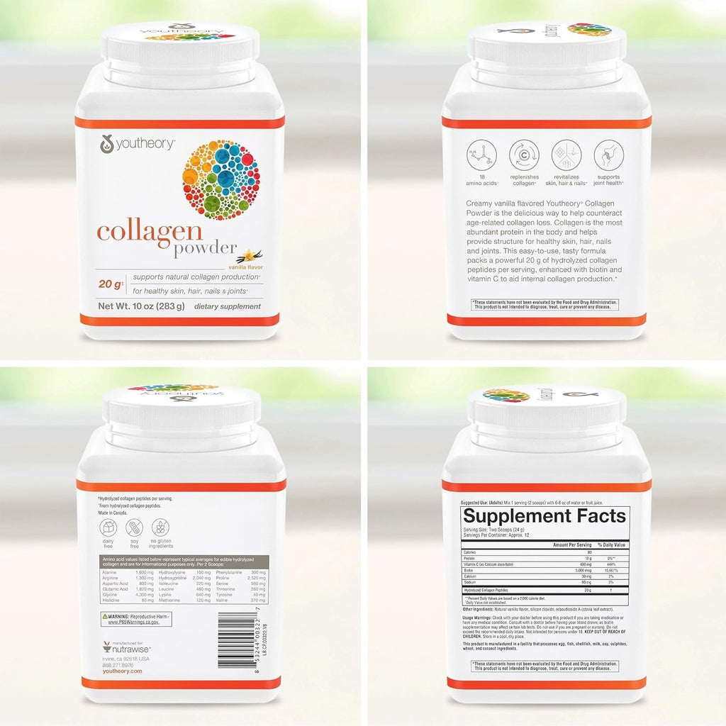 Youtheory Collagen Powder Vanilla 10 oz – Hydrolyzed Collagen with Vitamin C & Biotin