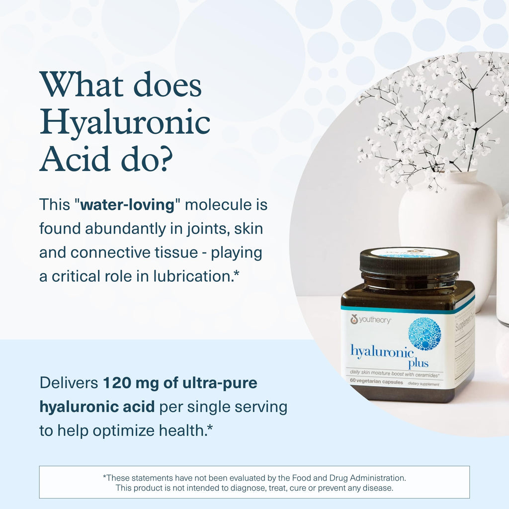 Youtheory Hyaluronic Plus – Hyaluronic Acid Supplement with Ceramides, Vitamin C, Biotin & More | 60 Vegetarian Capsules