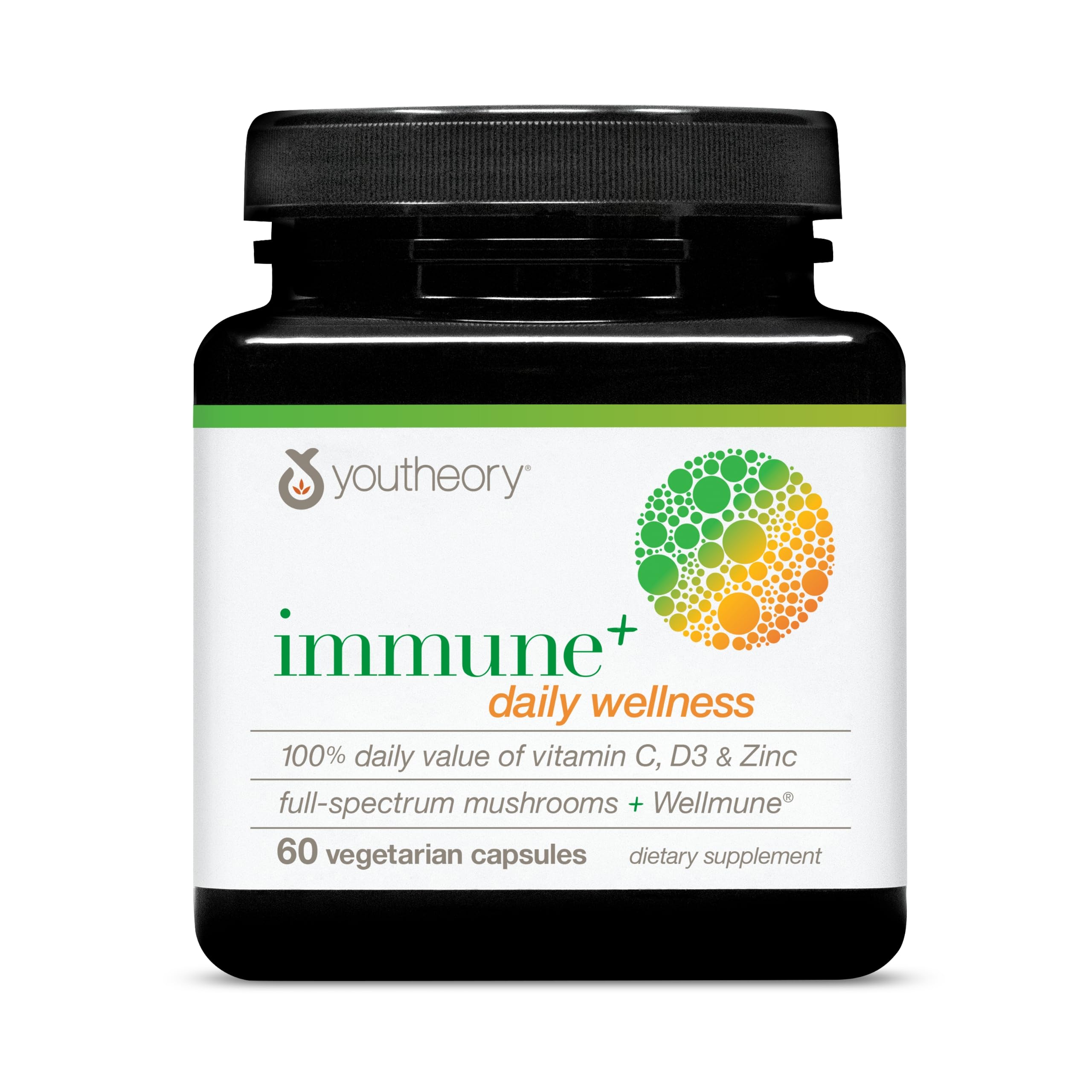 Youtheory Immune+ Daily Wellness – Vegetarian Immune Support (Vitamin C, D3, Zinc) 60 Veg Caps