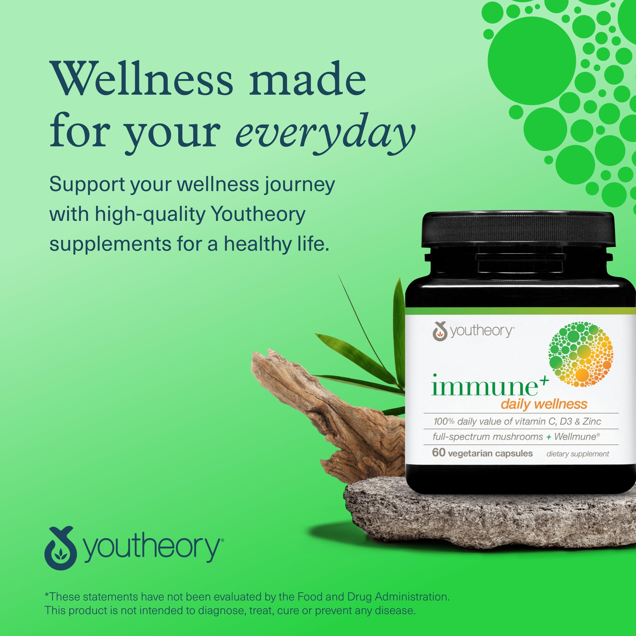 Youtheory Immune+ Daily Wellness – Vegetarian Immune Support (Vitamin C, D3, Zinc) 60 Veg Caps