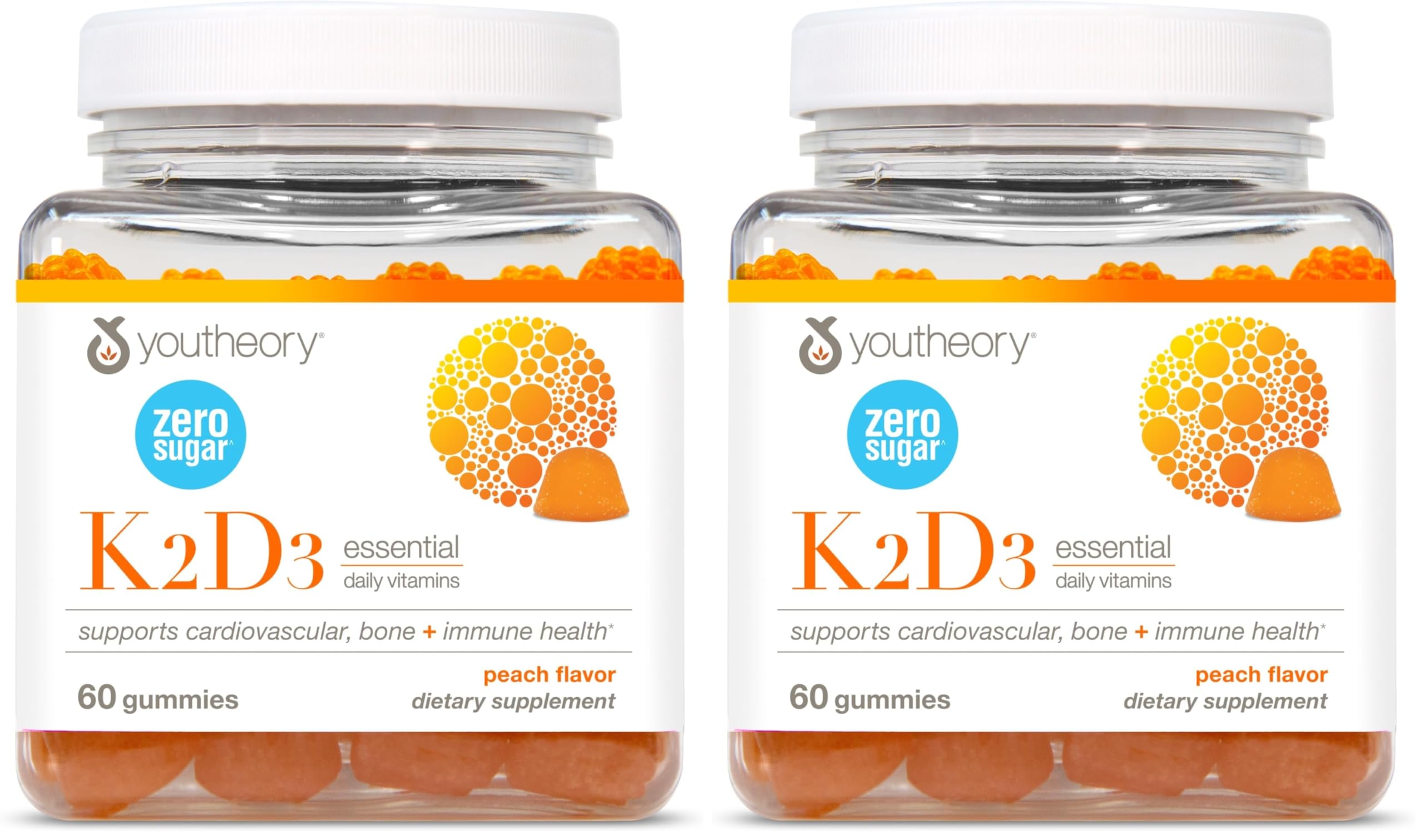 Youtheory K2D3 Bone & Heart Health Support – Peach Gummies (Dairy, Gluten & Soy Free) Pack of 2
