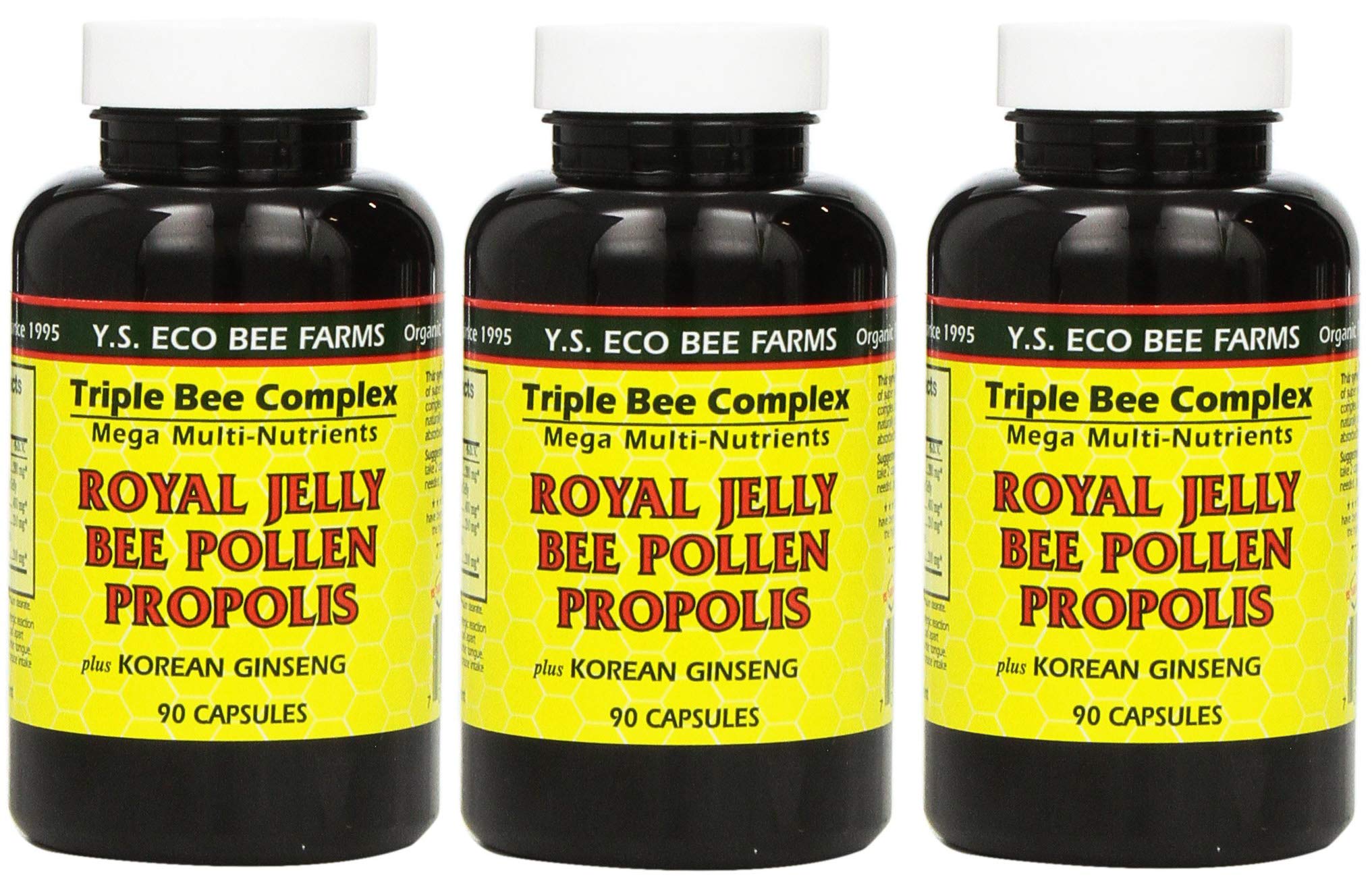 Y.S. Eco Bee Farms 3-Pack Royal Jelly, Bee Pollen, Propolis, Korean Ginseng - 90 Capsules