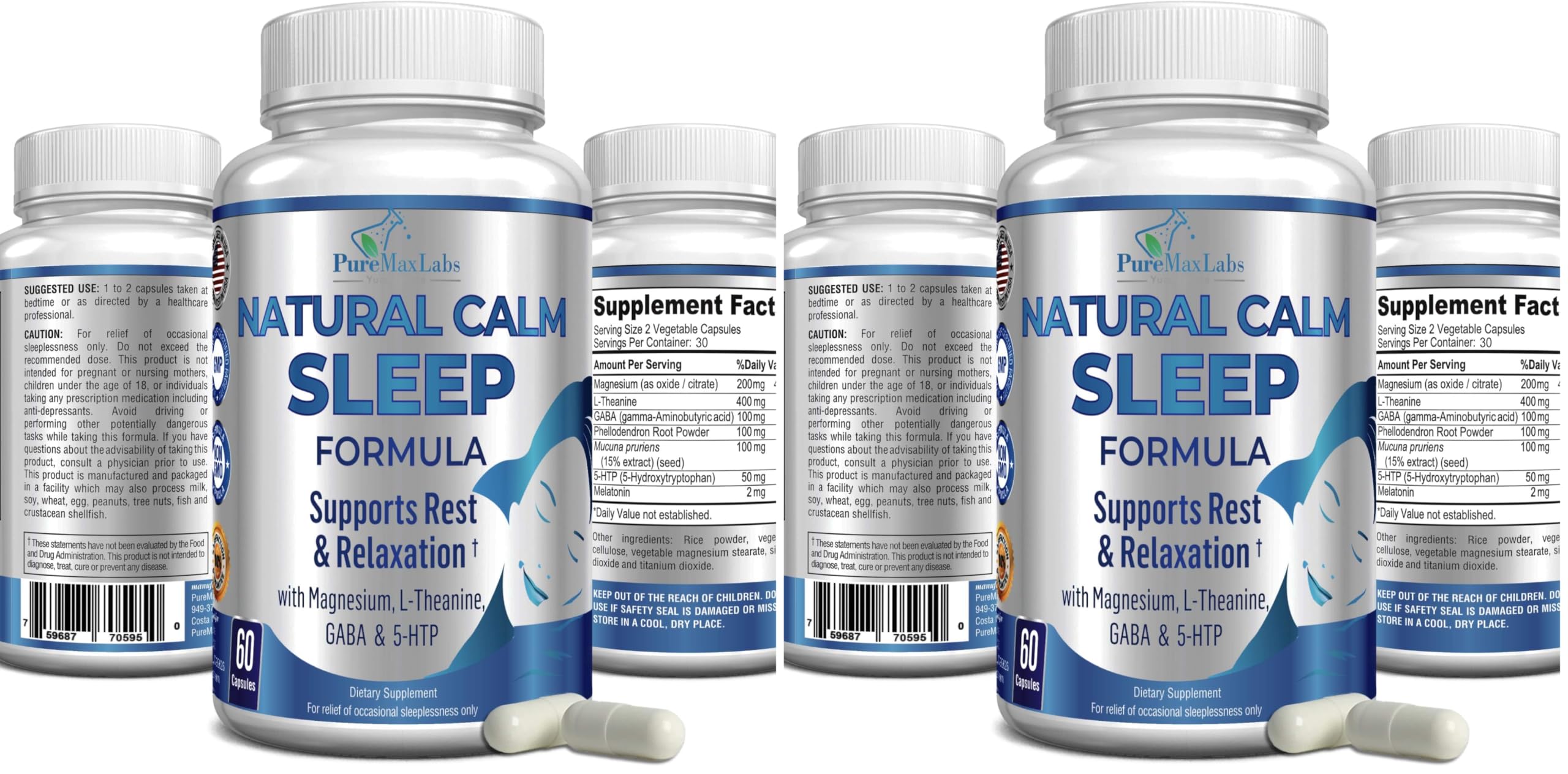 YUMMYVITE Natural Calm Sleep Aid – Magnesium, L-Theanine, Melatonin | 60 Capsules (Pack of 2) Non-GMO