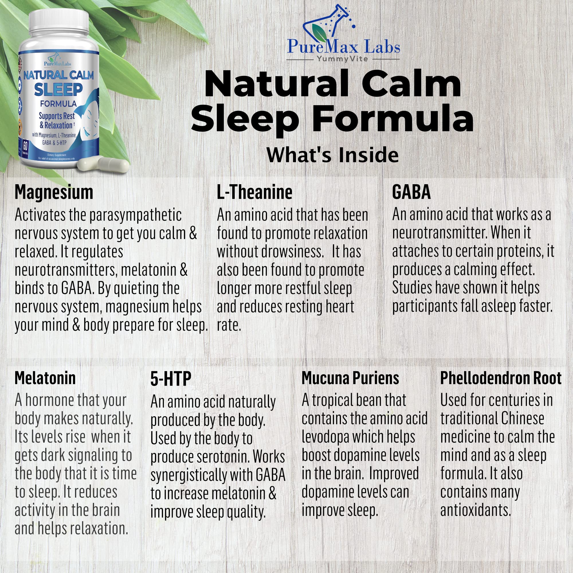 YUMMYVITE Natural Calm Sleep Aid – Magnesium, L-Theanine, Melatonin | 60 Capsules (Pack of 2) Non-GMO