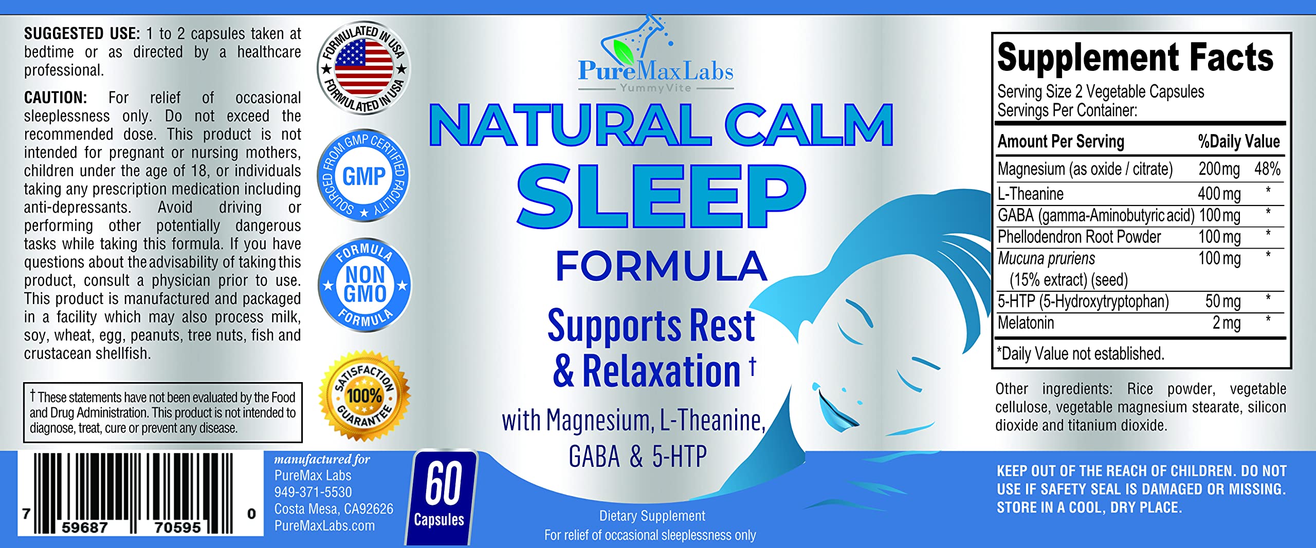 YUMMYVITE Natural Calm Sleep Aid – Magnesium, L-Theanine, Melatonin | 60 Capsules (Pack of 2) Non-GMO