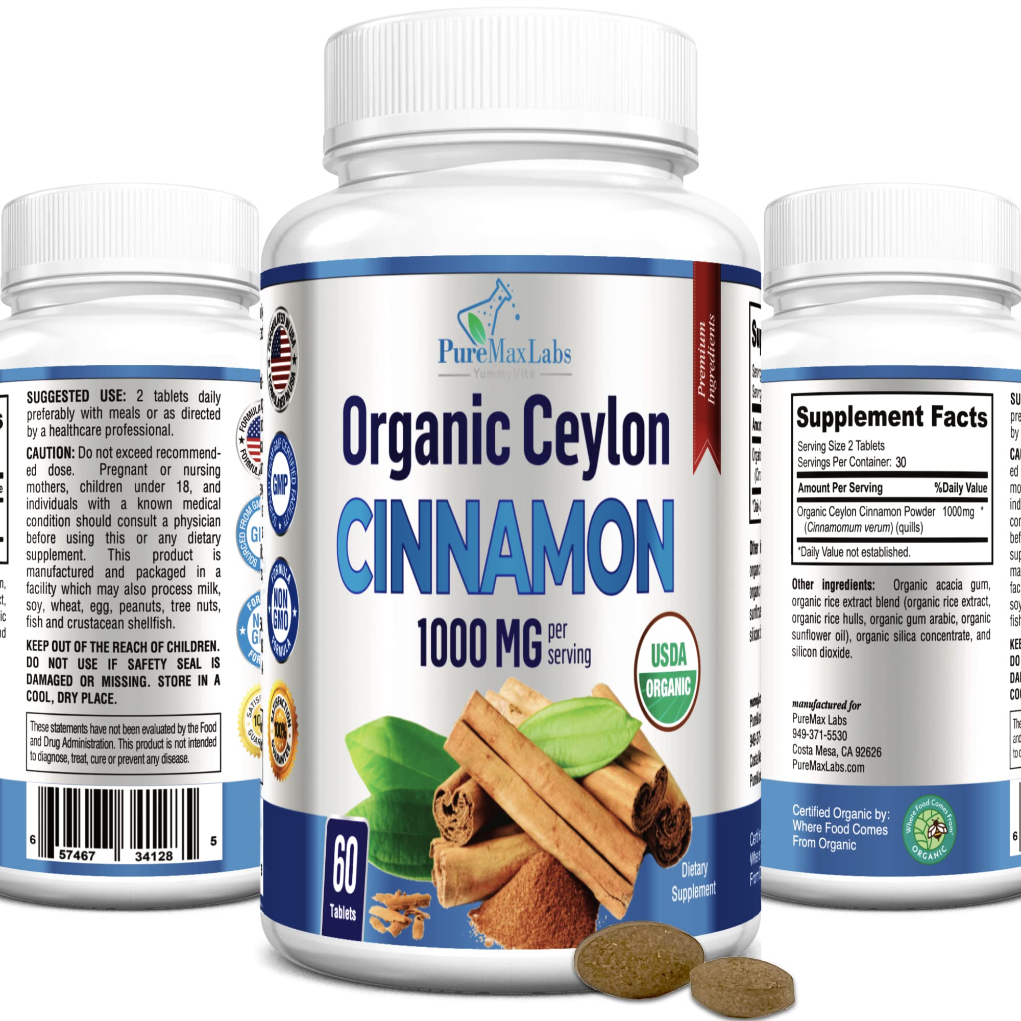 YUMMYVITE Organic Ceylon Cinnamon - 1000mg per Serving, True Cinnamon Supplement, 60 Tablets