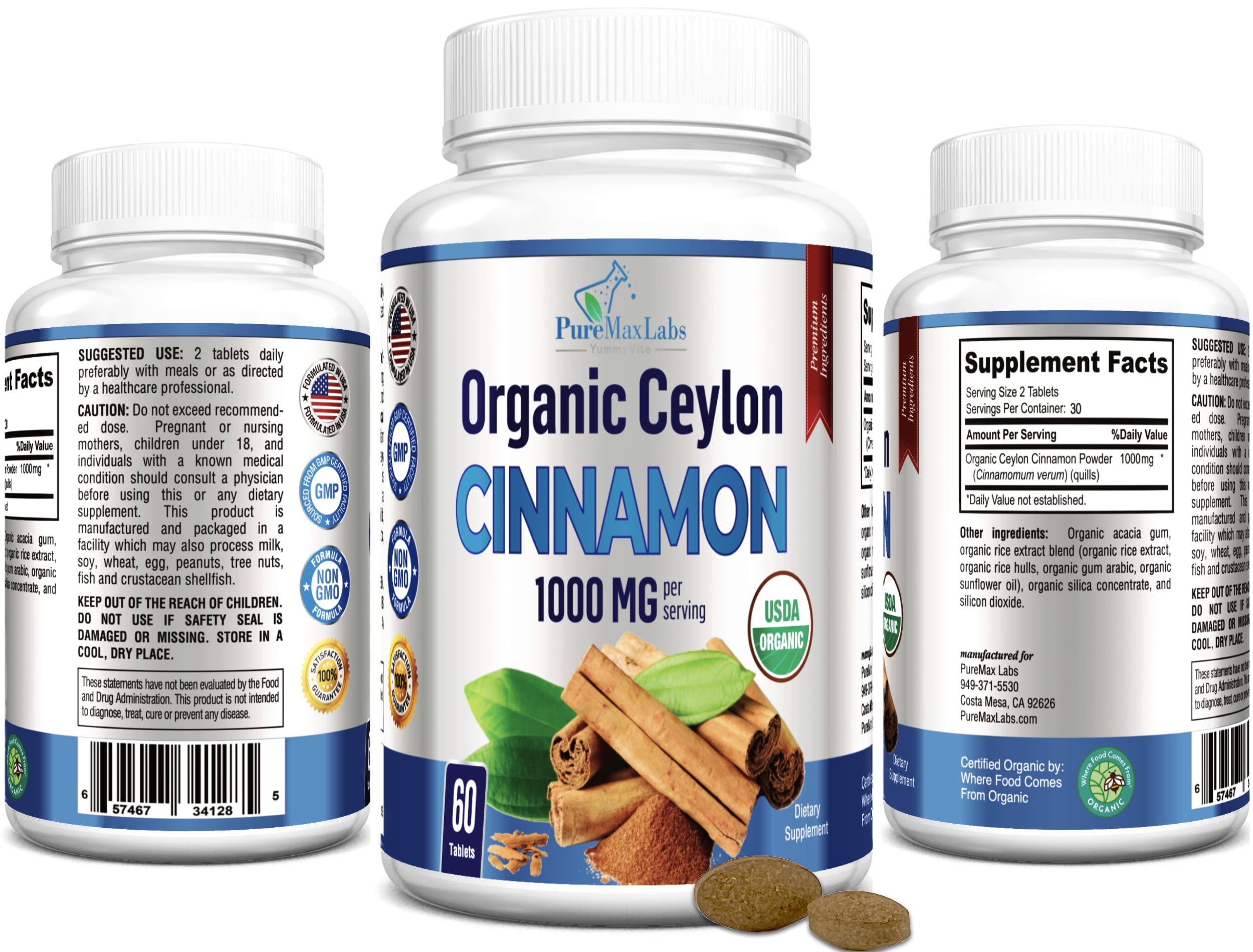 YUMMYVITE Organic Ceylon Cinnamon - 1000mg per Serving, True Cinnamon Supplement, 60 Tablets