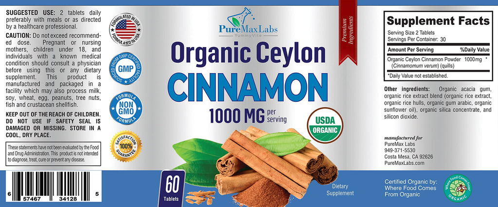 YUMMYVITE Organic Ceylon Cinnamon - 1000mg per Serving, True Cinnamon Supplement, 60 Tablets